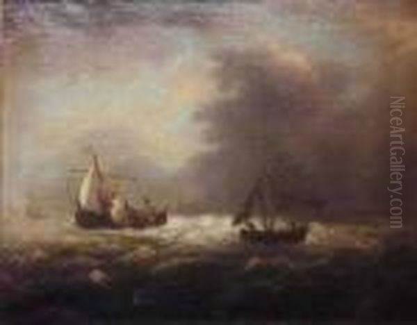 Follower Of Ludolph Backhuysen Shipping At Sea With A Stiff Breeze Oil Painting by Ludolf Backhuysen