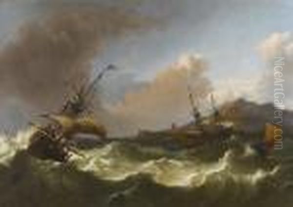 Dutch Shipping In Choppy Seas Off A Rocky Coastline Oil Painting by Ludolf Backhuysen