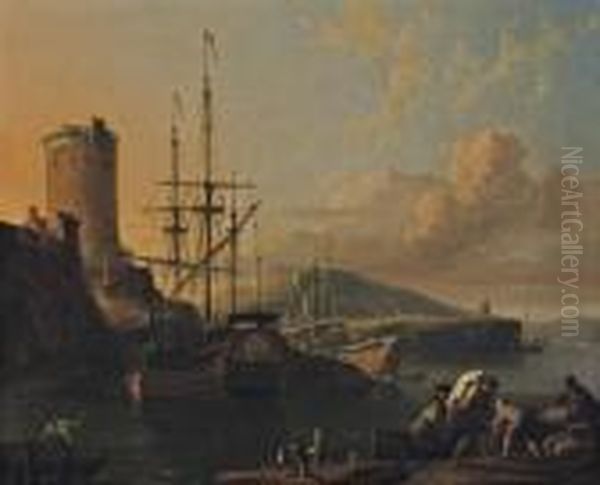 A Mediterranean Coastal Scene At
 Sunset With A Royal Yacht Being Caulked, A Tower By A Fort Nearby, 
Sailors Unloading Cargo In The Foreground Oil Painting by Ludolf Backhuysen