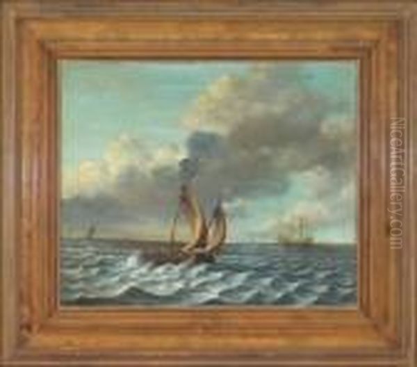 Vorn Ein Nach Rechts Segelndes 
Fischerboot Mit Drei Insassen, Rechts Im Mittelgrund Ein Nach Rechts 
Segelndes Kriegsschiff, Im Hintergrund Vier Weitere Schife Oil Painting by Ludolf Backhuysen