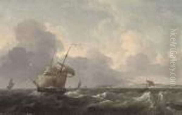 A Dutch Merchant Brig Shortening Sail Off The Coast Ahead Of The Approaching Squall Oil Painting by Ludolf Backhuysen