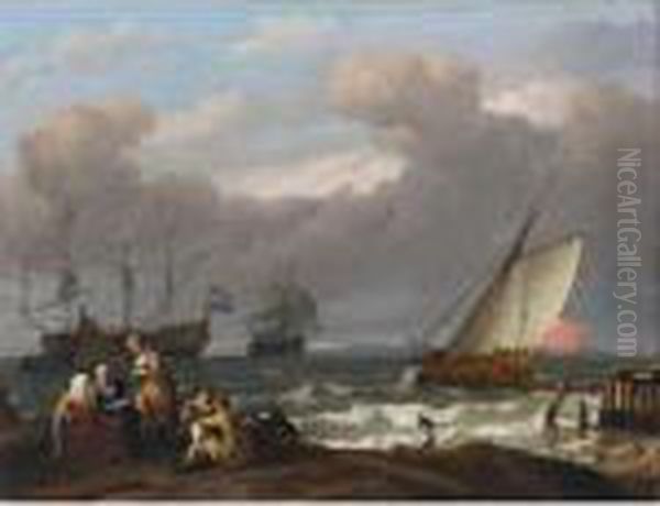 An English Royal Yacht Leaving 
Harbour In Choppy Seas With Two Dutch Men-o'war Beyond And A Fisherman's
 Family With Two Dogs On The Shore In The Foreground Oil Painting by Ludolf Backhuysen