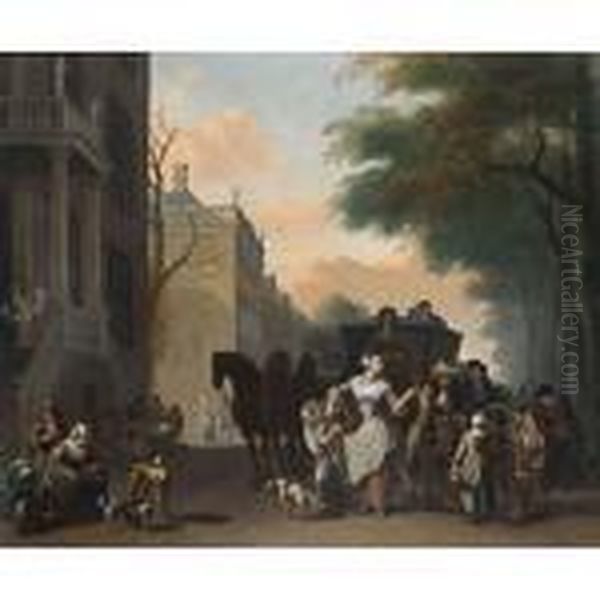 A View In Amsterdam With A Maid Flirting With A Knife Grinder On A Canal Oil Painting by Ludolf Backhuysen