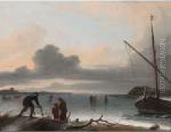 A Winter Landscape With Figures 
Skating And Playing Golf On A Frozen Lake, A Horse-drawn Sleigh, A Man 
Pushing A Sleigh With Two Other Figures In The Foreground, And A Barge 
To The Right Oil Painting by Ludolf Backhuysen