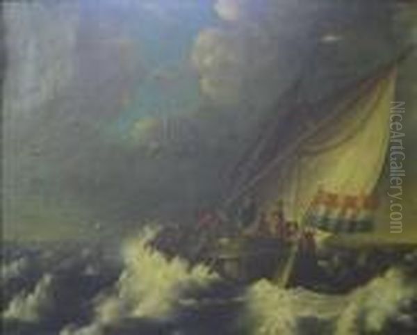 Dutch Ship On Stormy Seas Oil Painting by Ludolf Backhuysen