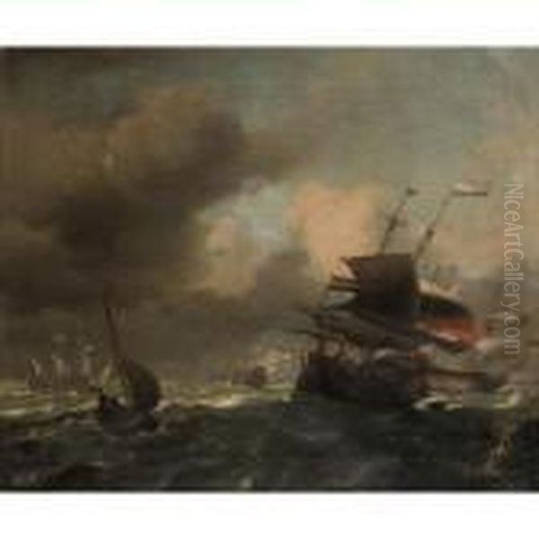 Dutch Two-deckers In A Gale Oil Painting by Ludolf Backhuysen