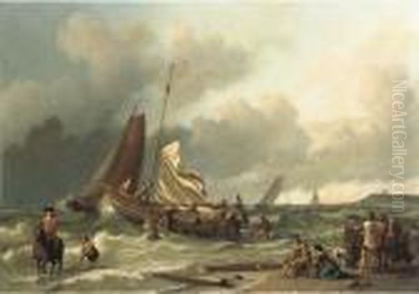 A Dutch Fishing Boat In A Squall
 With An Elegant Man On Horsebackin The Shallow Tide, Other Fishing 
Vessels Beyond Oil Painting by Ludolf Backhuysen