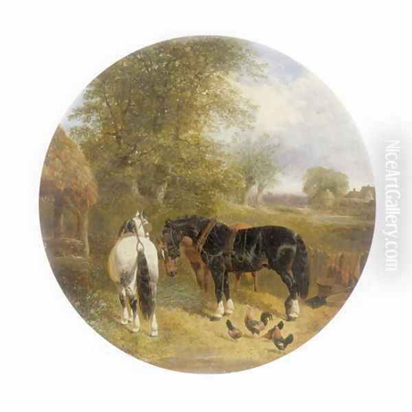 Farm Animals, Plough Horses and Chickens Oil Painting by John Frederick Herring Snr