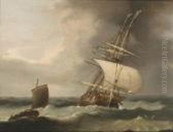 A Ship And Fishing Boat In Rough Seas Oil Painting by Ludolf Backhuysen