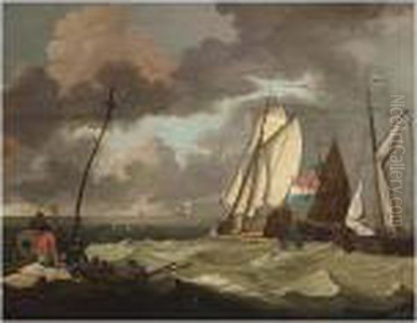 The States Yacht And Other Sailing Vessels In A Stiff Breeze Oil Painting by Ludolf Backhuysen