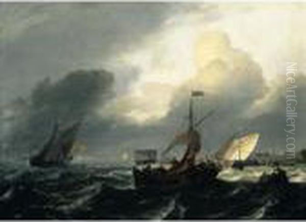 Small Dutch Vessels In Breezy Coastal Waters, A Harbour Beyond Oil Painting by Ludolf Backhuysen