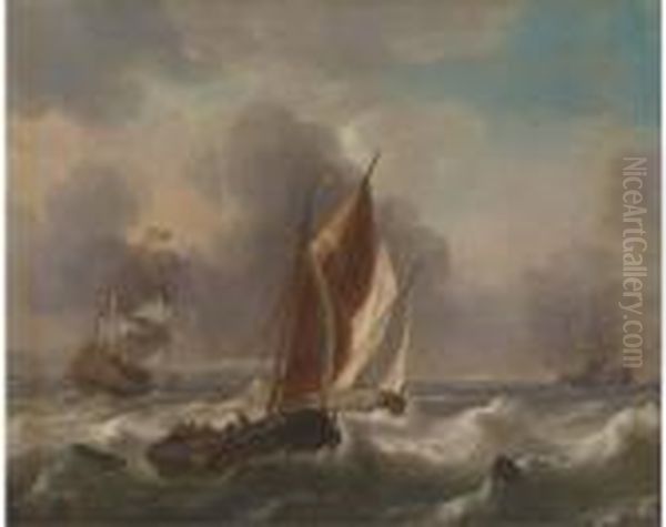 A Dutch Man-o'-war And Other Shipping In Choppy Seas Oil Painting by Ludolf Backhuysen