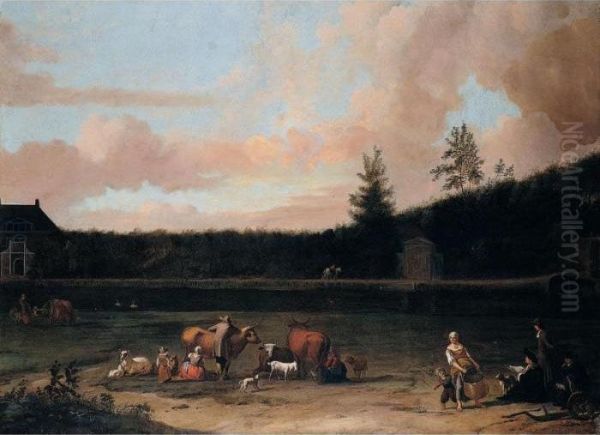 A River Landscape With The Artist In The Foreground Sketching A House Oil Painting by Ludolf Backhuysen