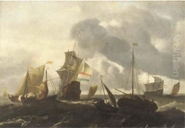 A Dutch Man'o-war And Other Shipping In Choppy Seas Oil Painting by Ludolf Backhuysen