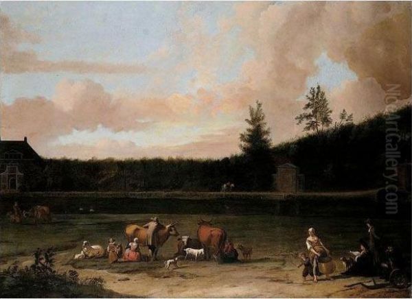 A River Landscape With The Artist In The Foreground Sketching A House Oil Painting by Ludolf Backhuysen