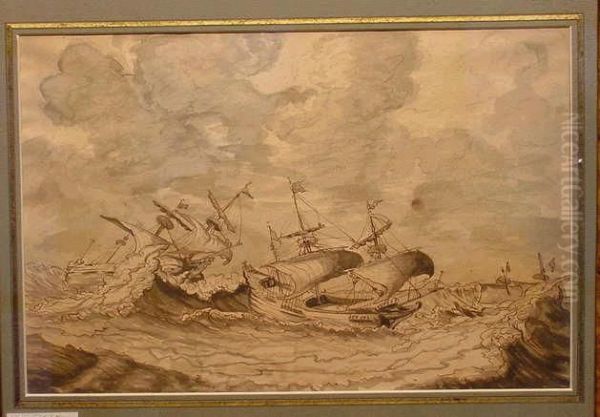 Ships In Rough Seas Oil Painting by Ludolf Backhuysen