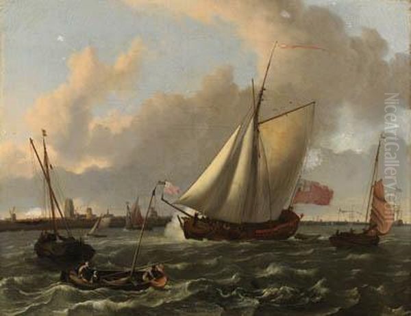 A British Sloop And Other Shipping In A Stiff Breeze On The Maas Bydordrecht Oil Painting by Ludolf Backhuysen