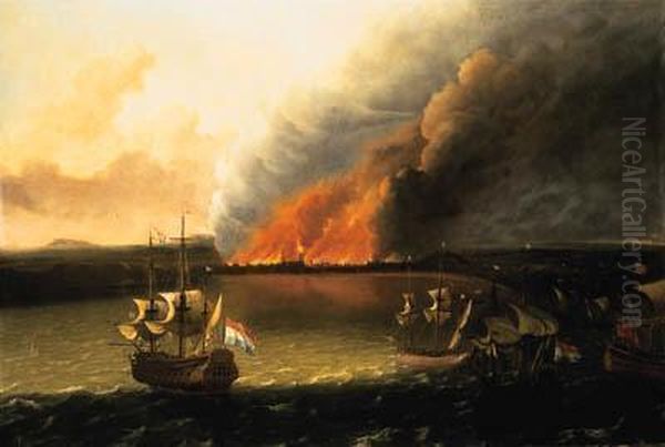 Dutch Men-of-war Pursuing A 
British Man-of-war, A Town Burningbeyond, Possibly The Dutch Raid On 
Chatham In 1667
Bears Signature 'lbakhuysen' Oil Painting by Ludolf Backhuysen