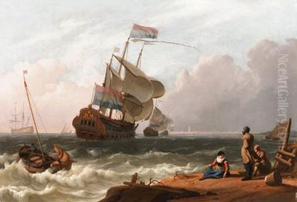 A Dutch Man-of-war In A Stiff Breeze With Fisherfolk In Theforeground Oil Painting by Ludolf Backhuysen