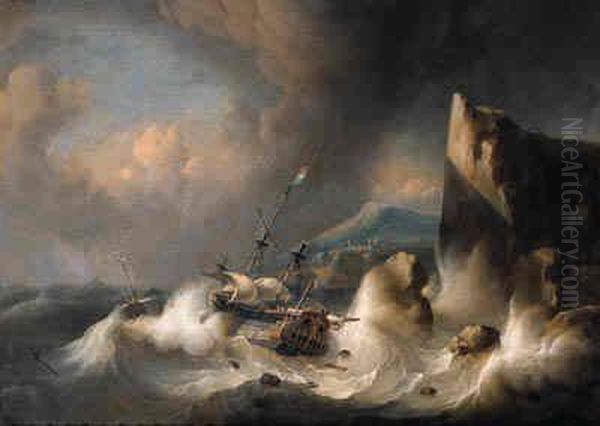 An Amsterdam Merchant Man And A Wijdschip Foundering Off A Rockycoast, In A Gale Oil Painting by Ludolf Backhuysen