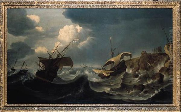 A Dutch Merchantman And Other Shipping Foundering In A Storm Off Acoastline Oil Painting by Ludolf Backhuysen