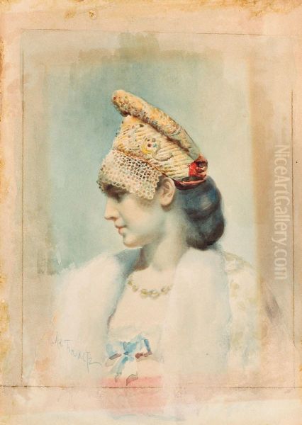 Portrait Of A Girl Wearing A Kokoshnik In Profile by Lev Samoilovich Bakst