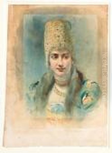 Girl Wearing A Kokoshnik And Pearl Choker Oil Painting by Lev Samoilovich Bakst