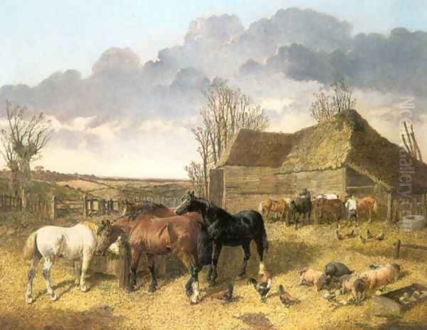 Horses Eating From Manger with Pigs and Chickens in Farm Yard Oil Painting by John Frederick Herring Snr