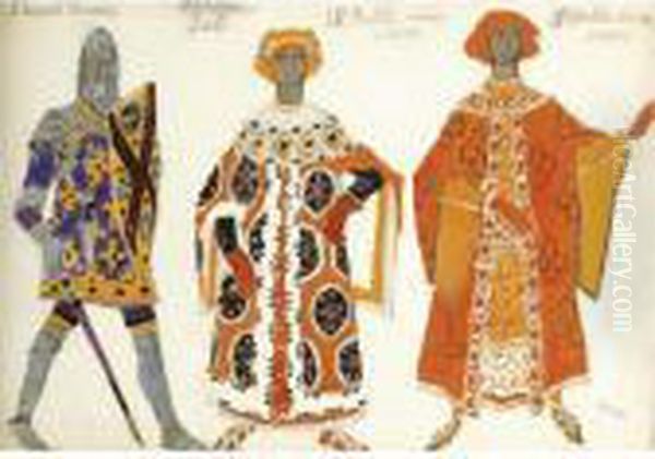 Costume Design For Three Characters From Act I Of 
Le
Martyre De
San Sebastien Oil Painting by Lev Samoilovich Bakst