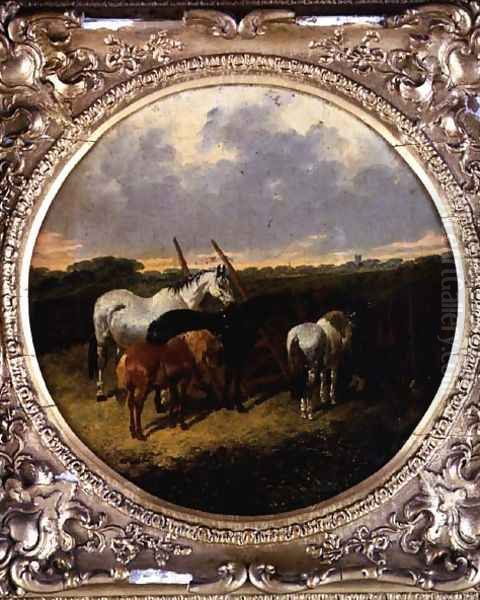 Horses by a Roller in a Meadow Oil Painting by John Frederick Herring Snr