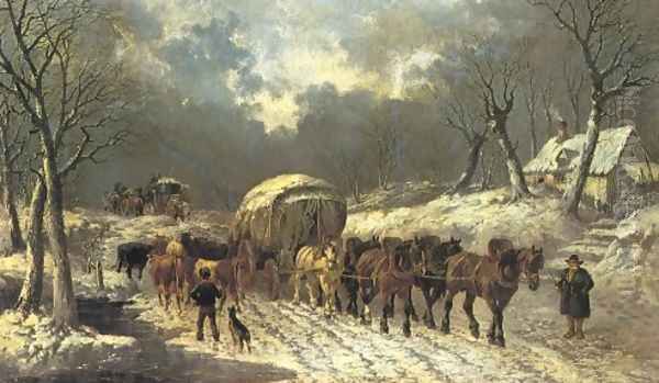 The Old Stage Wagon Winter Oil Painting by John Frederick Herring Snr