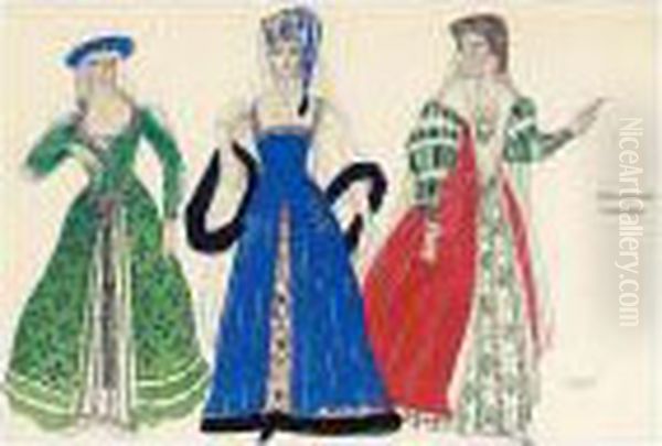 A Costume Design For Three Polish Ladies From 'boris Godunov' Oil Painting by Lev Samoilovich Bakst