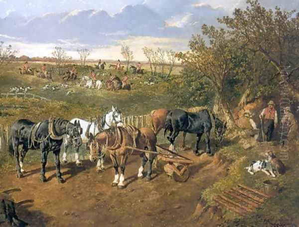 Plow Horse with a Foxhunt Beyond Oil Painting by John Frederick Herring Snr