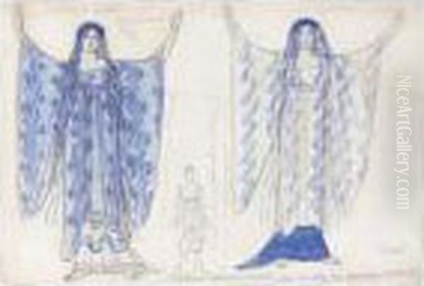 Costume Design For Two Girls With Shawls In Phaedre Oil Painting by Lev Samoilovich Bakst