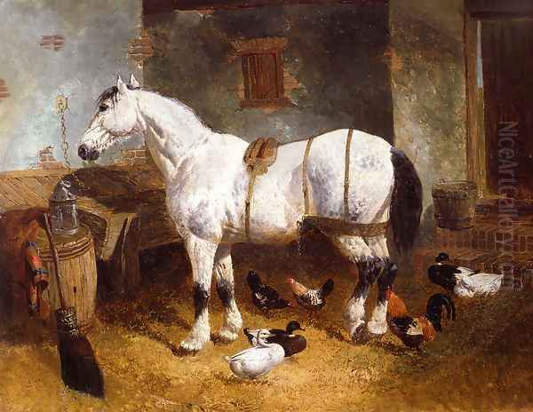 Horse and Poultry in a Barn Oil Painting by John Frederick Herring Snr