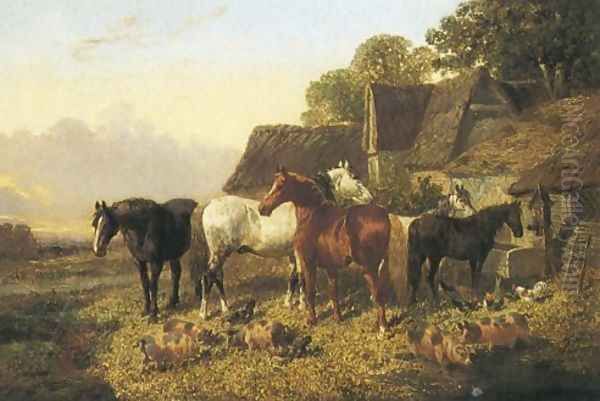 Horses And Pigs By Trough 1864 Oil Painting by John Frederick Herring Snr