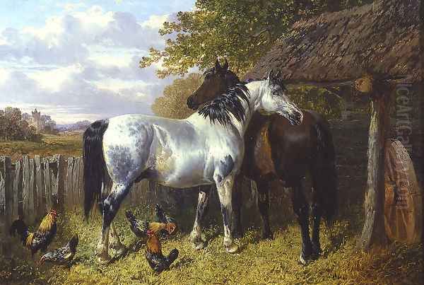 Horses and Poultry in a Paddock Oil Painting by John Frederick Herring Snr