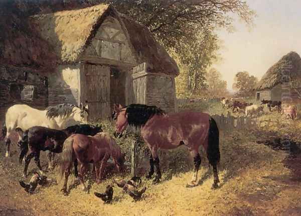 Horses and Chickens Oil Painting by John Frederick Herring Snr