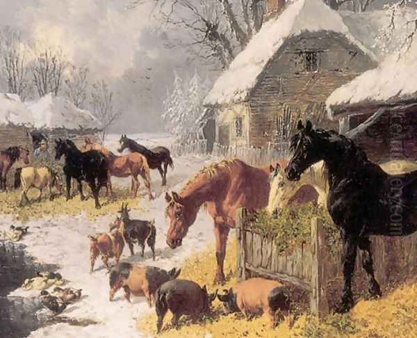 Horses and Pigs in Winter Oil Painting by John Frederick Herring Snr