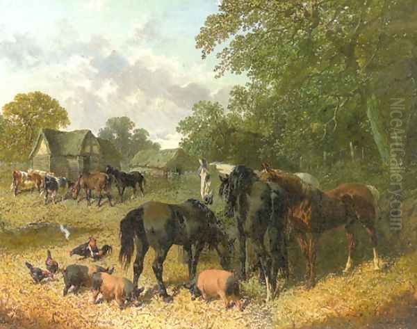 Horses Cattle Berkshire Saddlebacks and Chickens Oil Painting by John Frederick Herring Snr