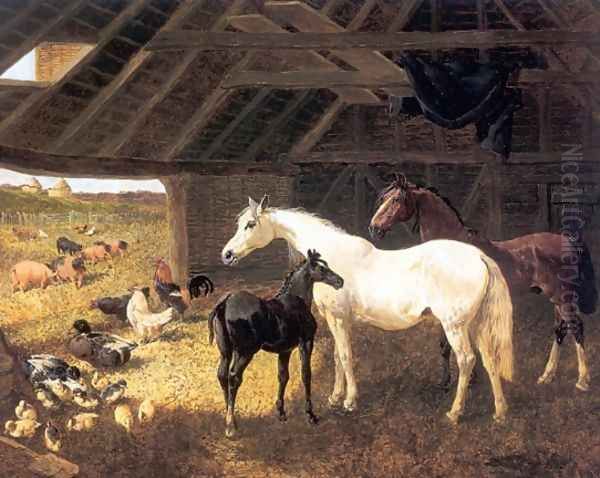 Horses and Poultry in a Barn Oil Painting by John Frederick Herring Snr