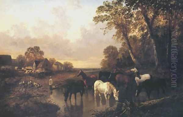 Horses Watering 1873 Oil Painting by John Frederick Herring Snr