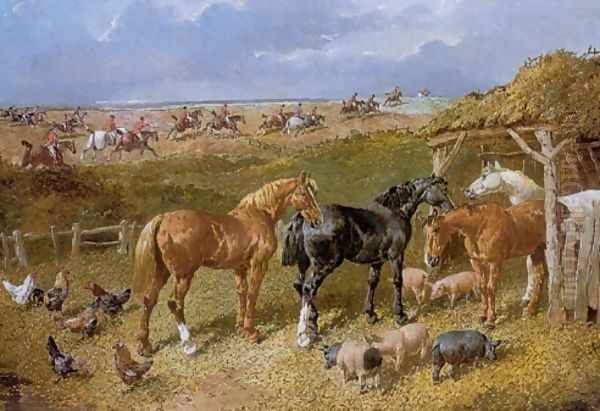 Hunters Poultry and Pigs with Foxhunt in Background Oil Painting by John Frederick Herring Snr