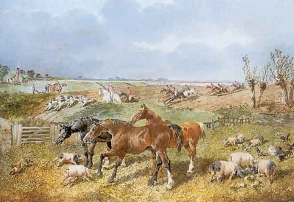 Hunters Poultry Pigs and a Fox with Hunt Beyond Oil Painting by John Frederick Herring Snr