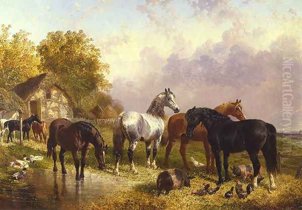 Horses in a Farmyard Oil Painting by John Frederick Herring Snr