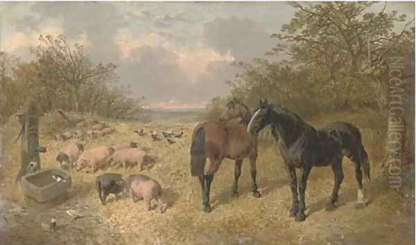 A bay and a black horse, pigs and chickens beside a trough Oil Painting by John Frederick Herring Snr