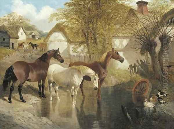 Horses and ducks by a farm pond Oil Painting by John Frederick Herring Snr