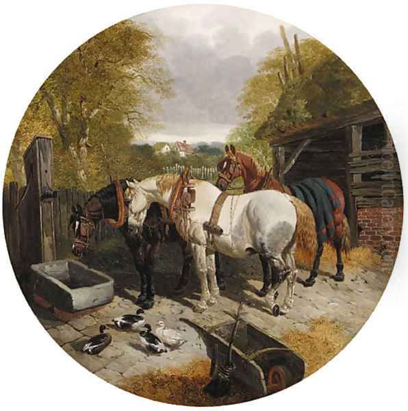 Horses at a trough, with ducks, on in a foreground Oil Painting by John Frederick Herring Snr