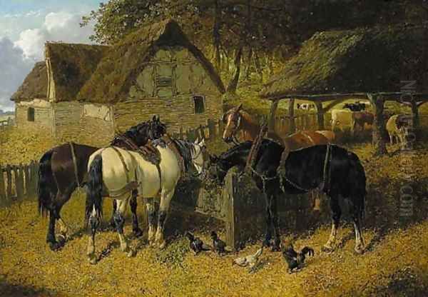 Horses feeding in a farmyard, with chickens, and cattle beyond Oil Painting by John Frederick Herring Snr