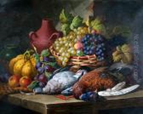 Still Life Of Fruit And Game On A Ledge Oil Painting by Charles Thomas Bale